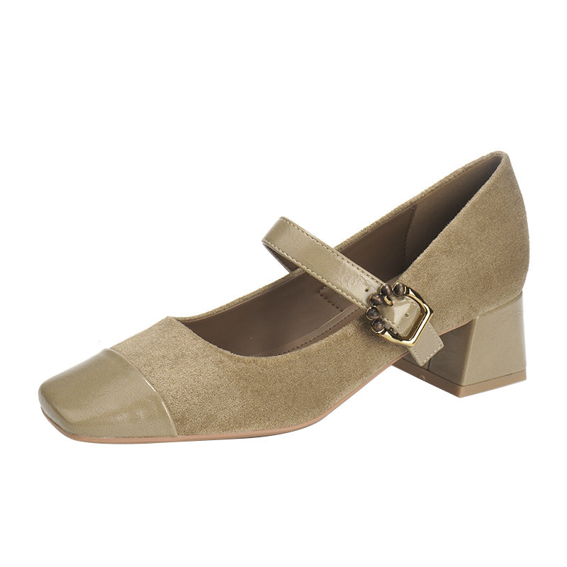Women's Toe Chunky Pumps Mid Soft Buckle Mary Heels