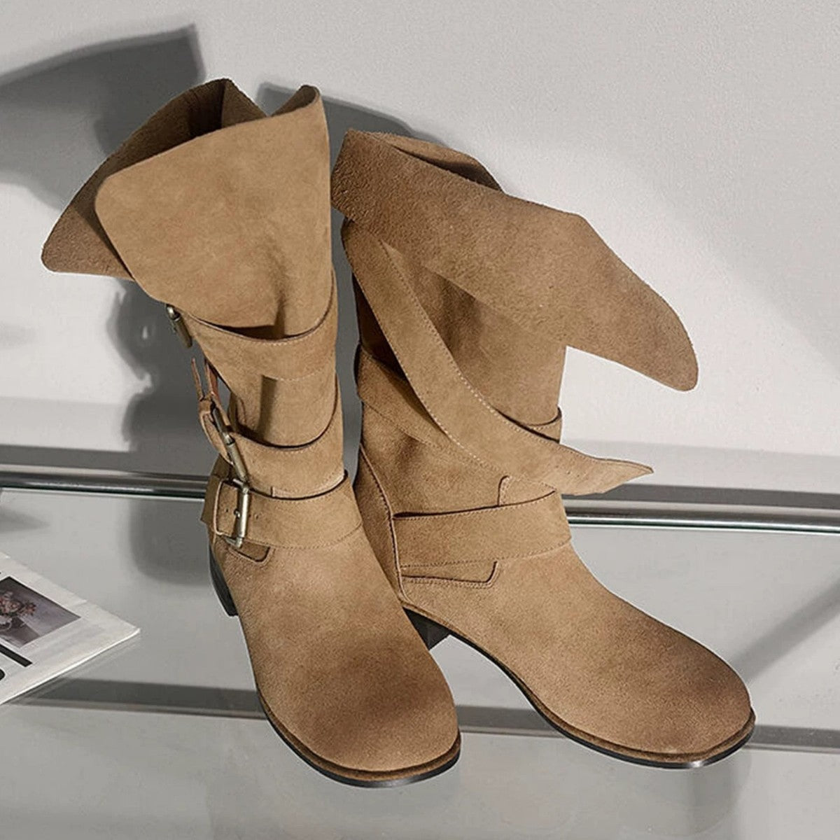 Women's Polished Belt Buckle Round Toe Martin For Thick Folding Women's Leather Boots