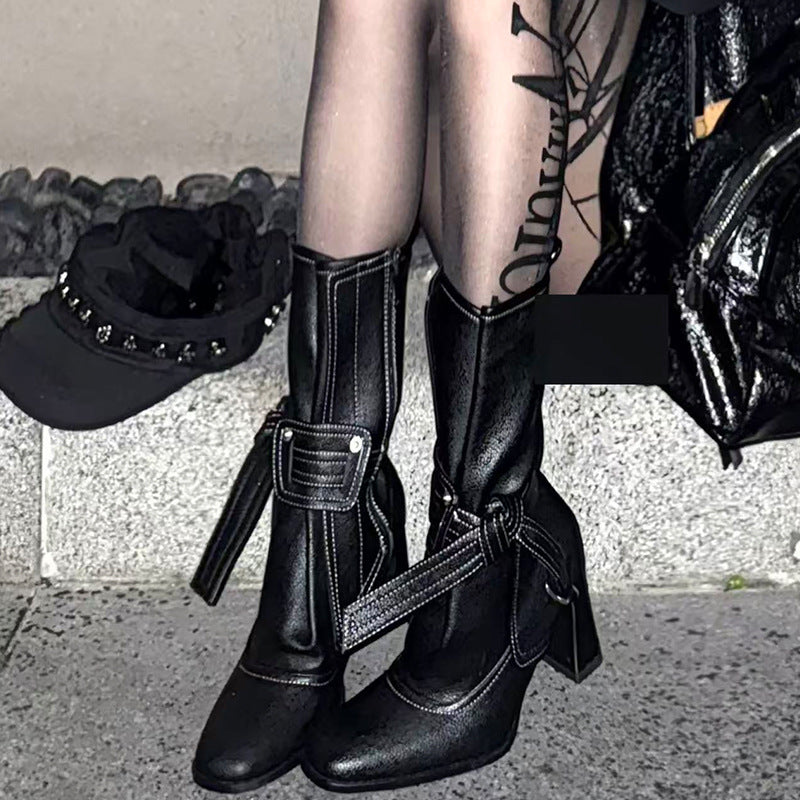 Women's Short French Fashion High Chunky Simple Retro Minority Women's Leather Boots