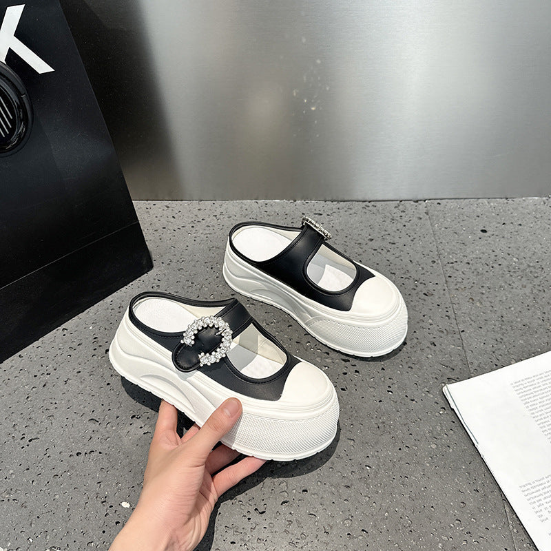 Women's Mary Jane Rhinestone Platform Muffin White Thick-soles Slippers