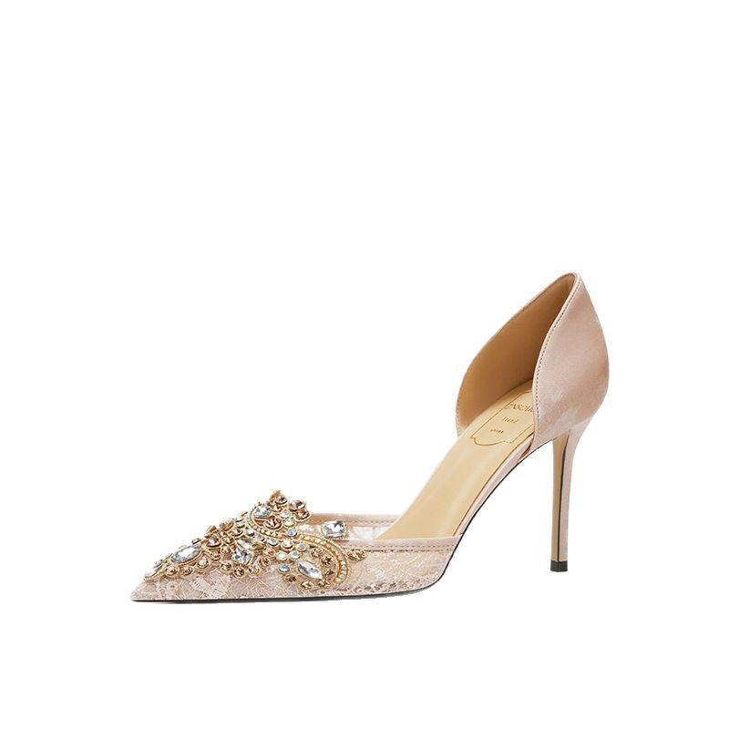 Women's Sheepskin Hollow Wedding Bride Main Yarn Pointed Toe Women's Shoes