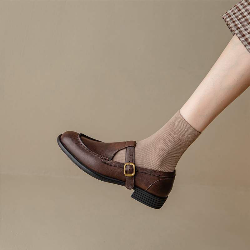 Women's Style Round Head Chunky Versatile College Shape With Pumps Retro Leather Shoes