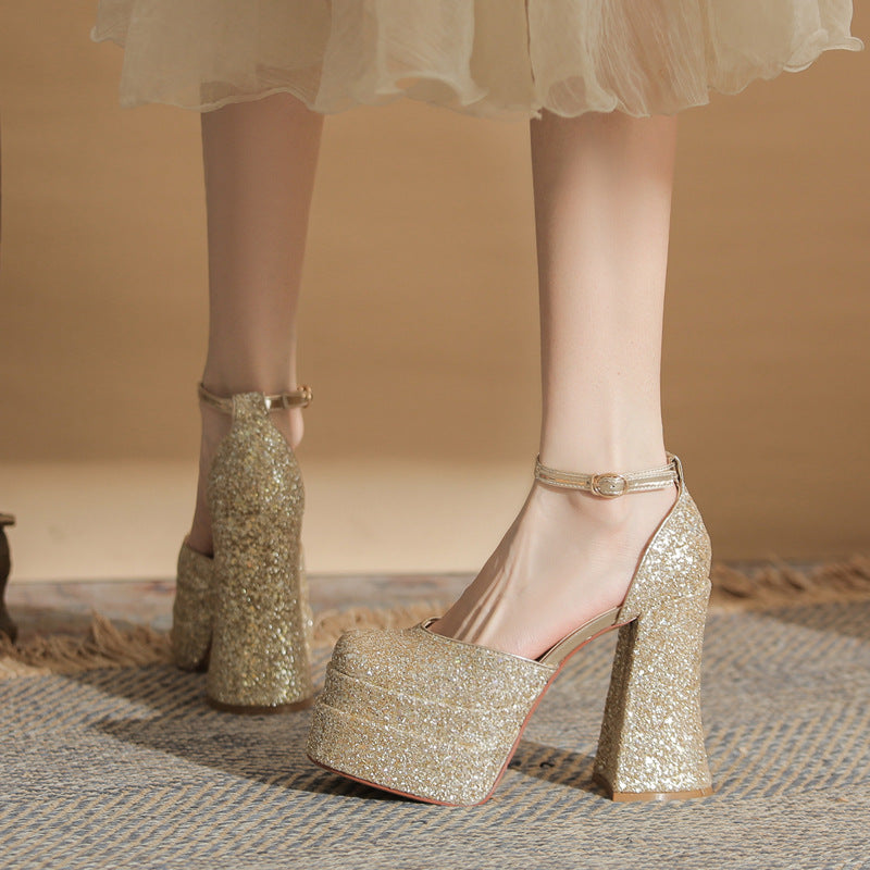 Women's Golden Square Toe Chunky Hollow Waterproof Platform Super High Wedding Women's Fashion Shoes