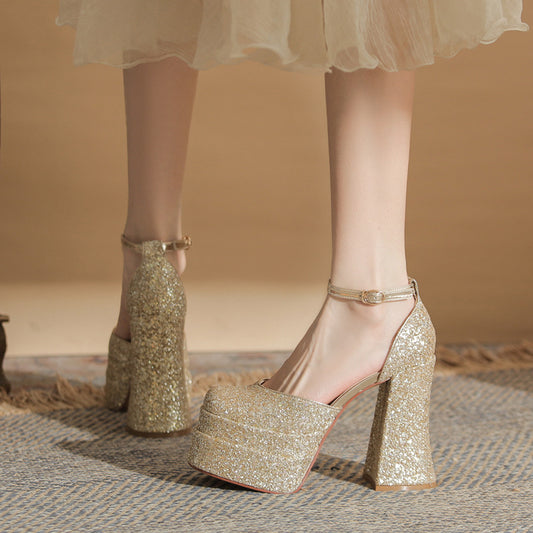 Women's Golden Square Toe Chunky Hollow Waterproof Platform Super High Wedding Women's Fashion Shoes