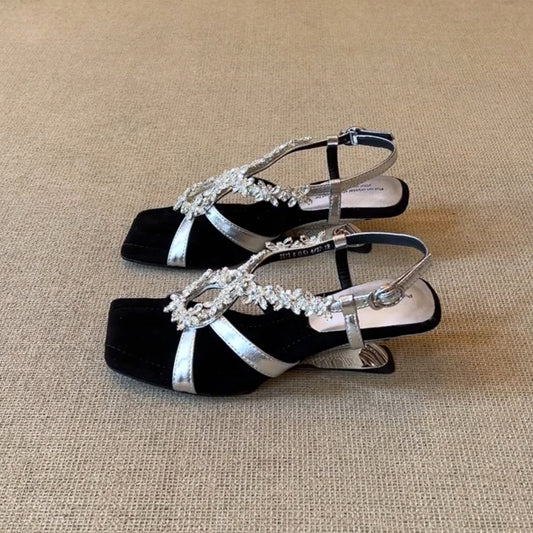 Version French Style Rhinestone High-heeled Not Tired Foot Female Square Sandals