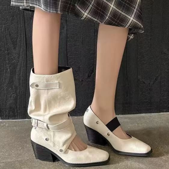 Women's Western Cowboy Pleated Pile Pants Pipe Black Round Retro Women's Leather Boots