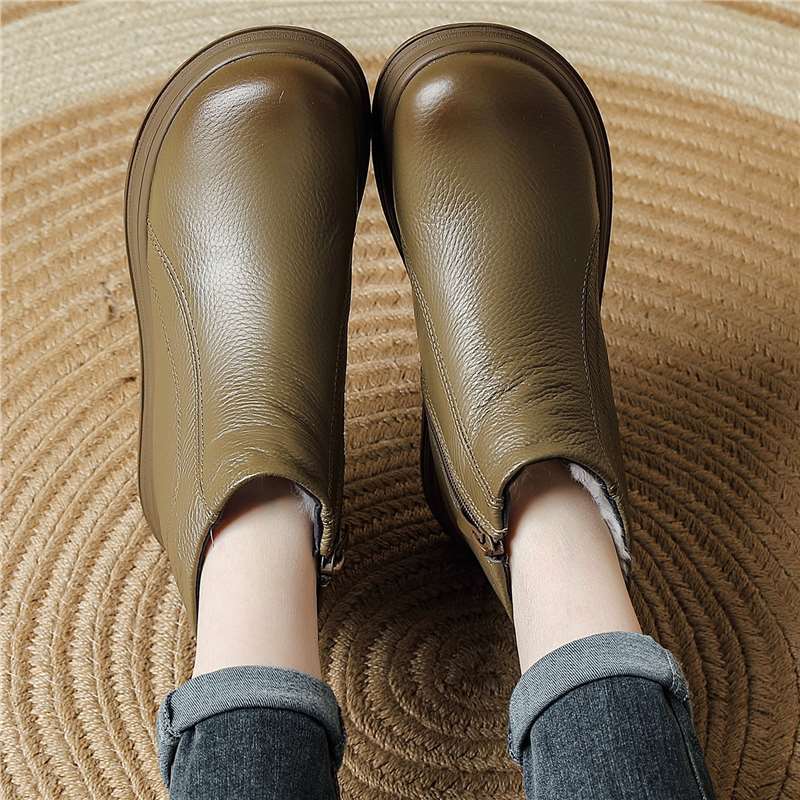 Cowhide Winter Fat Feet Mom Short Wedge Platform Wool Genuine Boots