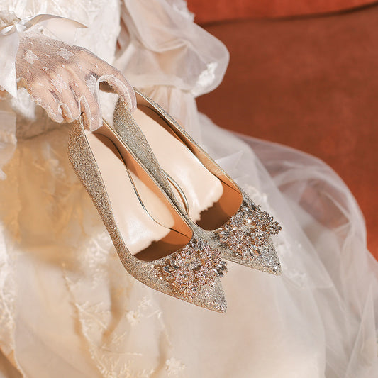 Women's Square Buckle Wedding Bride Dress Champagne French High Large Size Women's Fashion Shoes