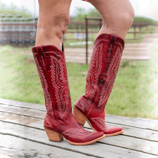 Toe Chunky High Tube Large Size Western Women's Leather Boots