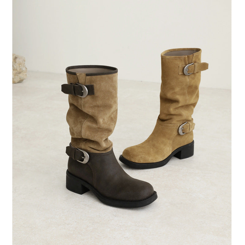 Women's Pile Style Straight Retro Western Cowboy Color Matching Boots