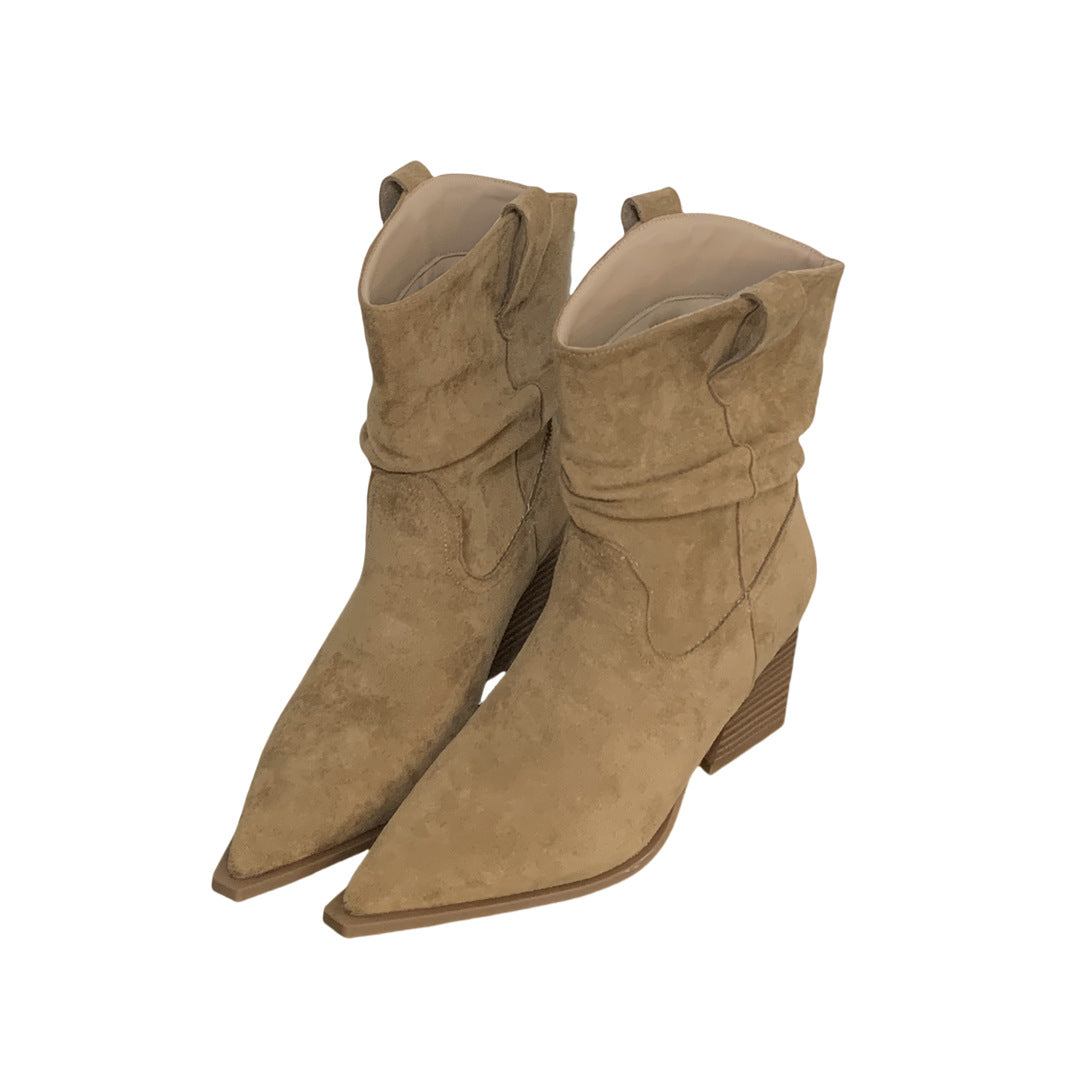 Chunky Suede Pile Style Female Slimming Western Middle Retro Pointed Women's Leather Boots