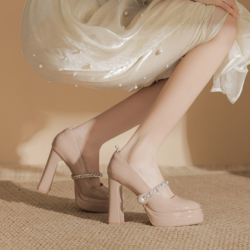 Platform Mary Jane Square Head Chunky Thick Bottom Increased Not Heels