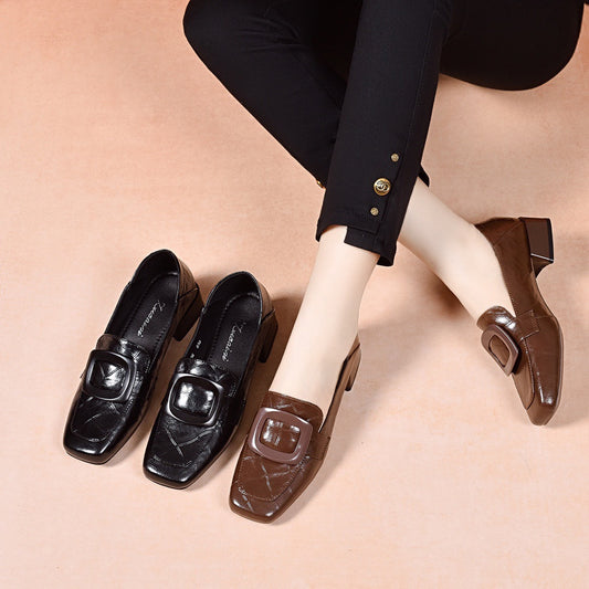 Women's Soft Cattlehide Square Buckle Chunky Autumn Toe Slip-on Comfortable Women's Fashion Shoes