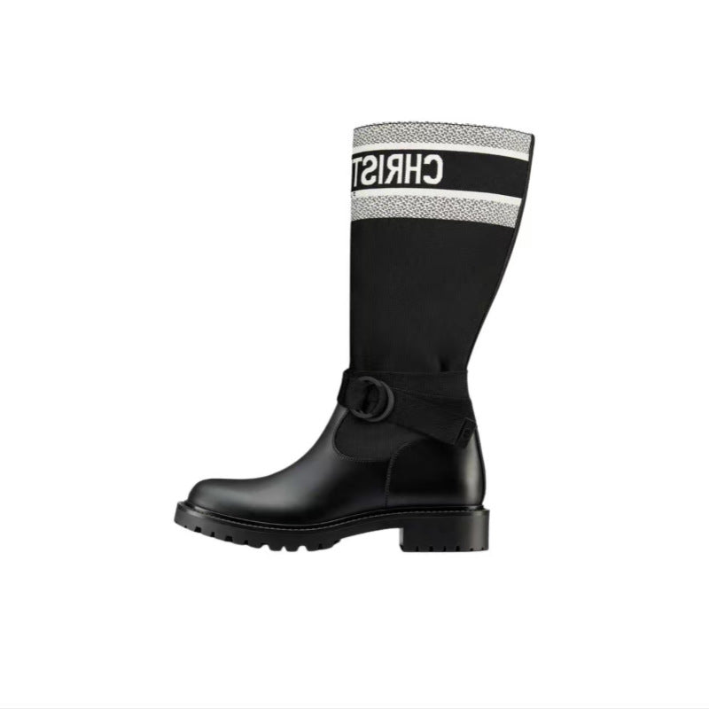Women's Embroidery Color Matching Rattan Plaid Knight Boots
