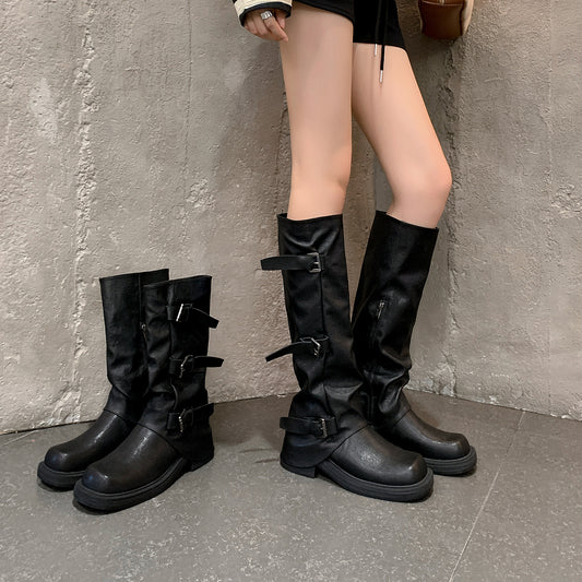 Women's Height Increasing Belt Buckle Head Amber Streamer Wind Western Pile Women's Leather Boots