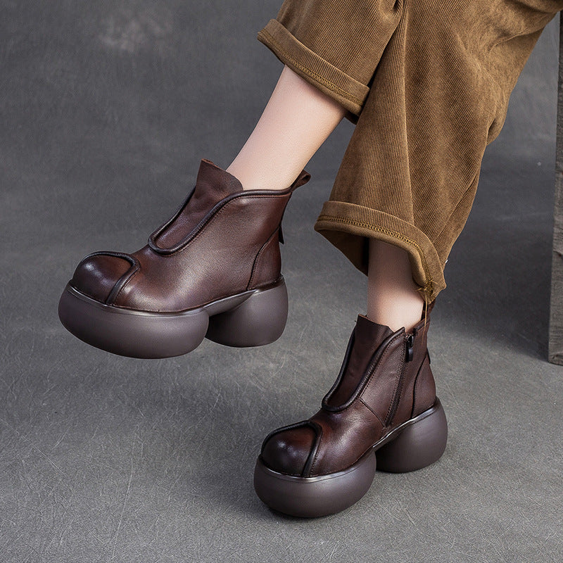 Women's Shu First Layer Cowhide Round Head Chunky Solid Color Women's Leather Boots