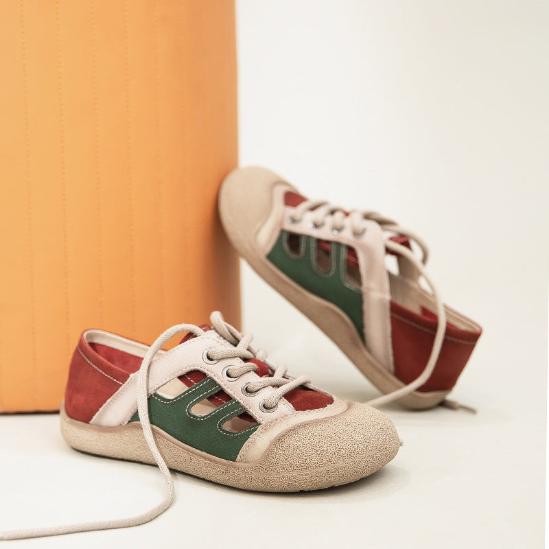 Women's Artistic Retro First Layer Cowhide Hollow Front Commuter Color Matching Women's Casual Shoes