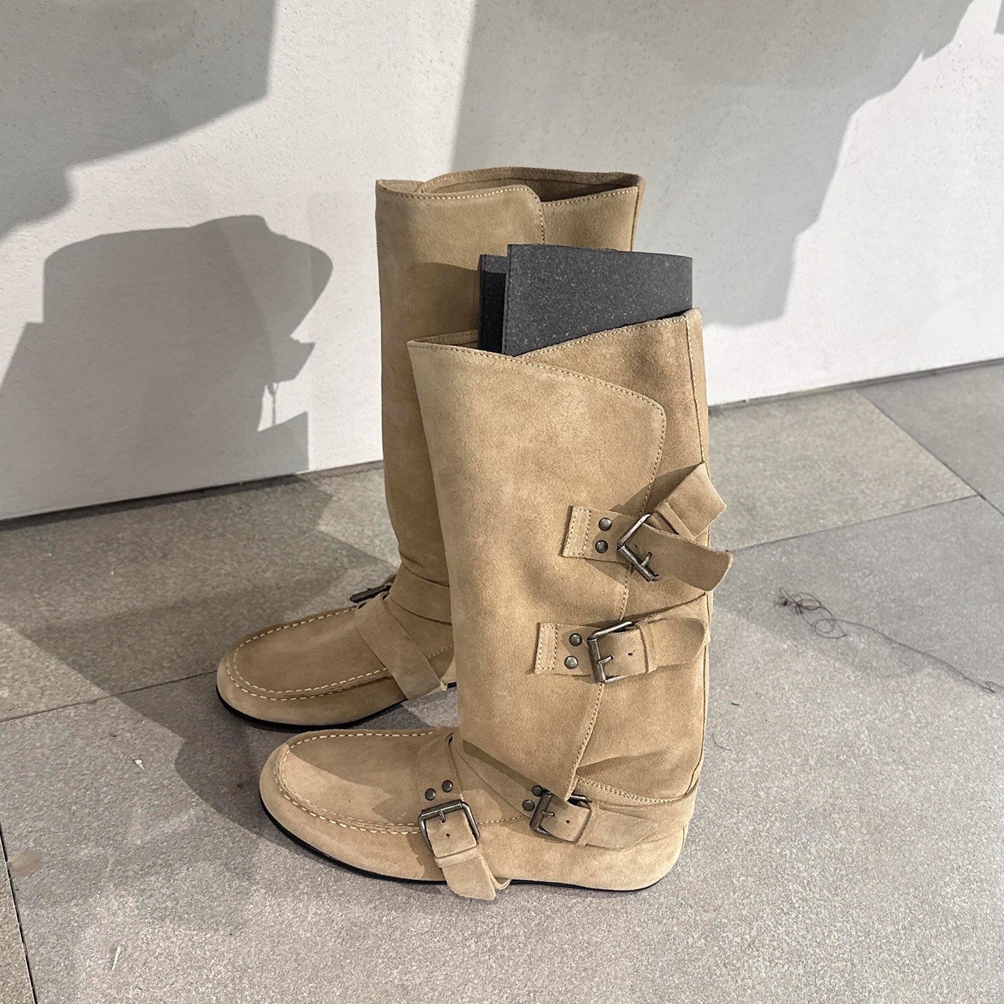 Women's Frosted Suede Vintage Belt Buckle Height Increasing Insole Western Women's Leather Boots