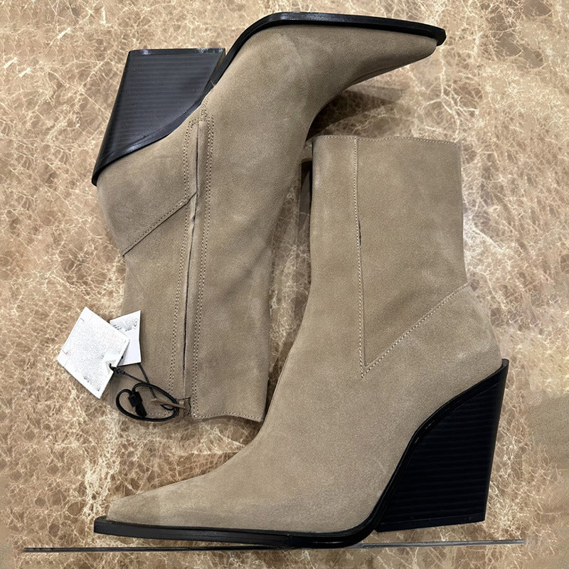 Pointed French Style High Female Khaki Western Cowboy Retro Heels