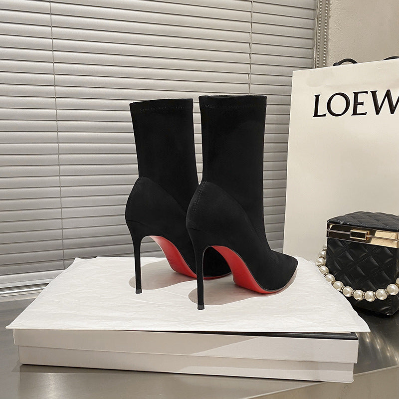 Women's High Pointed Ankle Fine With Black Elastic Socks Boots