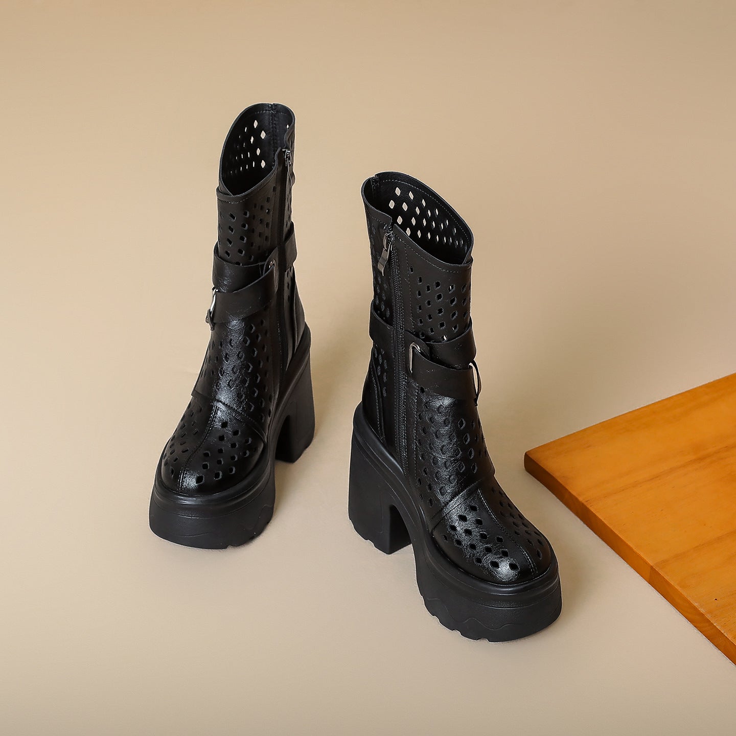 Women's High-rise Summer Martin Thick-soled Breathable Thin Retro Brown Women's Leather Boots