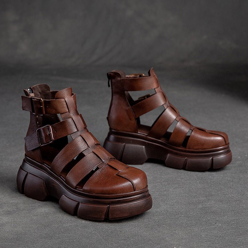 Velcro Round Toe Cowhide Martin Roman Boots