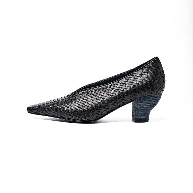 Women's Woven Pumps Thick Kitten Early Spring Genuine Square Toe Low-cut Women's Fashion Shoes