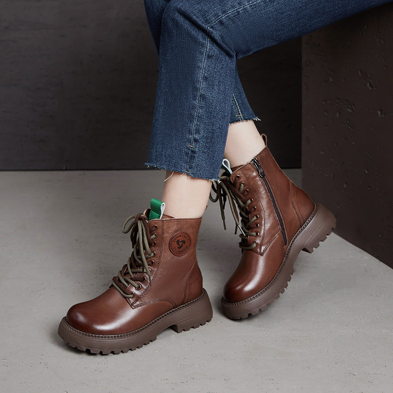Women's First Layer Cowhide Martin Motorcycle Round Head Women's Leather Boots