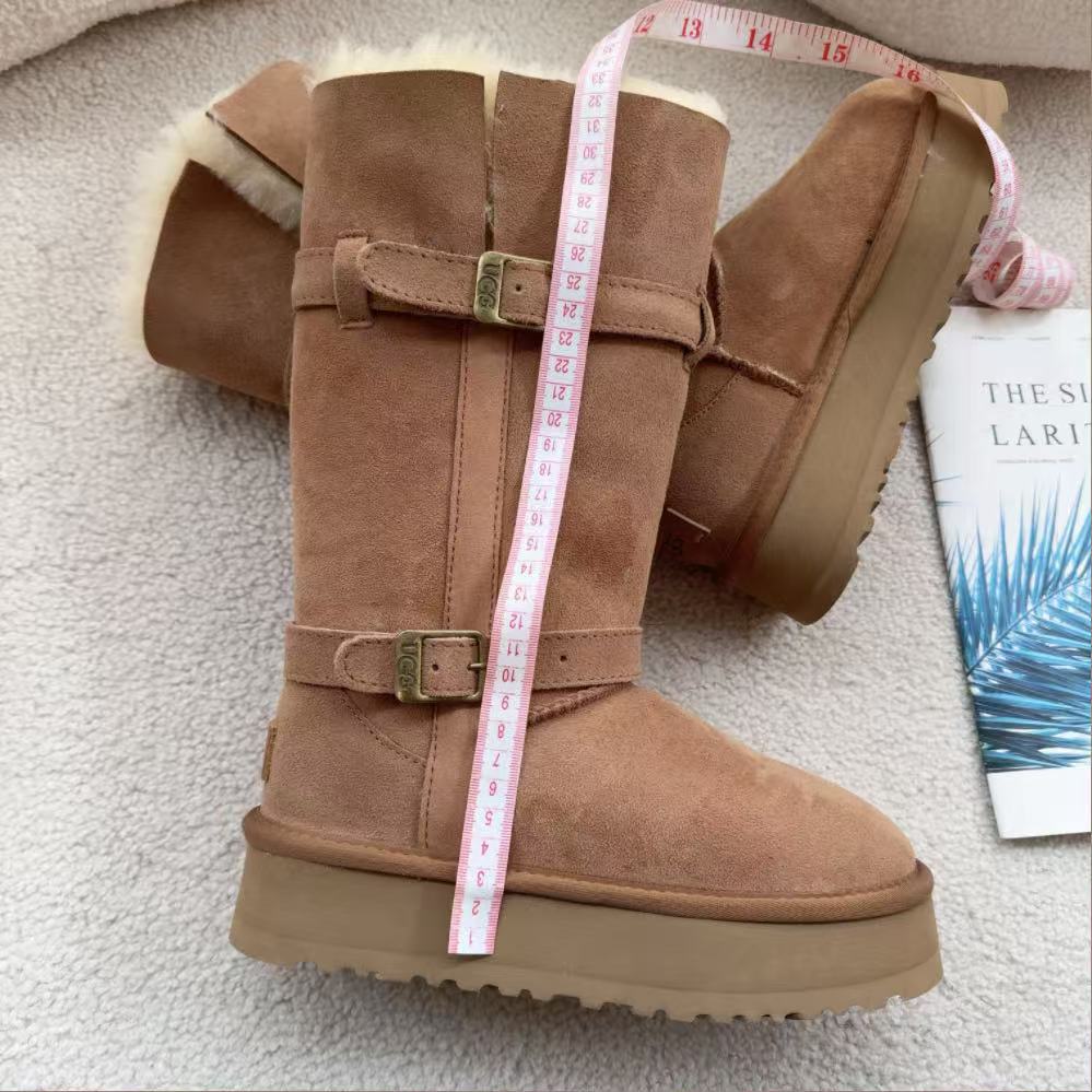 Women's Winter Sheepskin Fur Knight Motorcycle Long Fleece-lined Warm Snow Boots