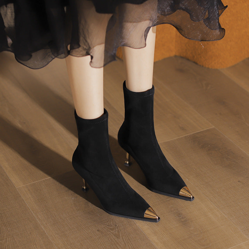Women's Stretch Thin Booties Black Platform Ankle Metal Toe Women's Leather Boots