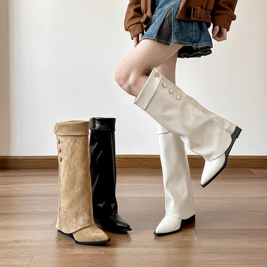 Women's Style Wedge Pants Pointed Toe Camellia Metal Women's Leather Boots