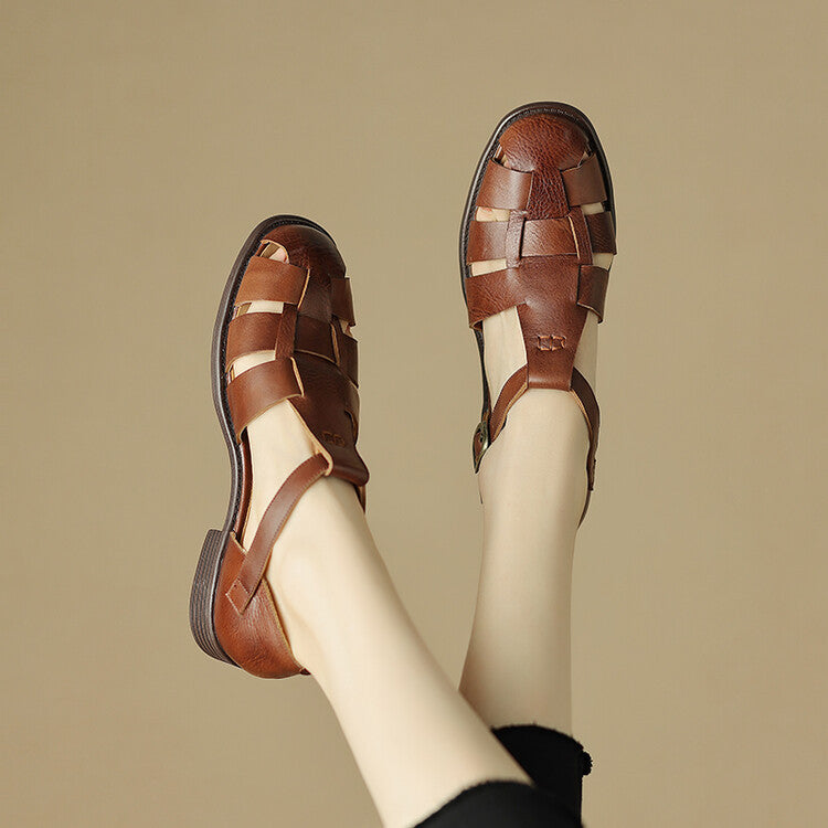 Women's First Layer Cowhide Roman Style Brown Woven Hollowed Pig Sandals