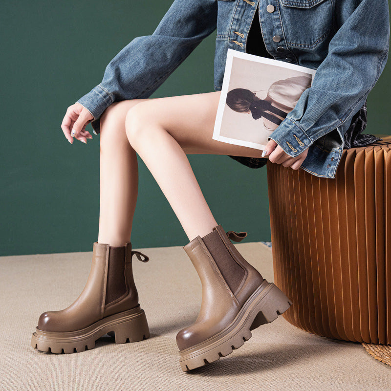 Women's First Layer Cowhide Martin British Platform High Smoke Pipe Retro Heels