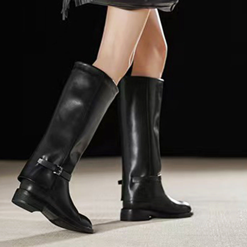 Women's Slimming Belt Buckle Knight Genuine Below The Knee High Leg Boots