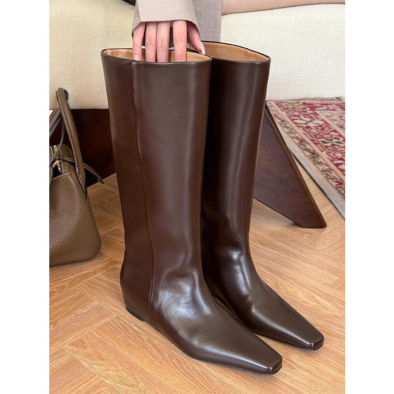 Height Increasing Insole Square Head Temperament High Women's Leather Boots