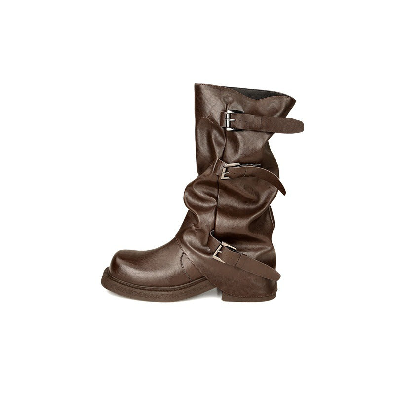 Women's Height Increasing Belt Buckle Head Amber Streamer Wind Western Pile Women's Leather Boots