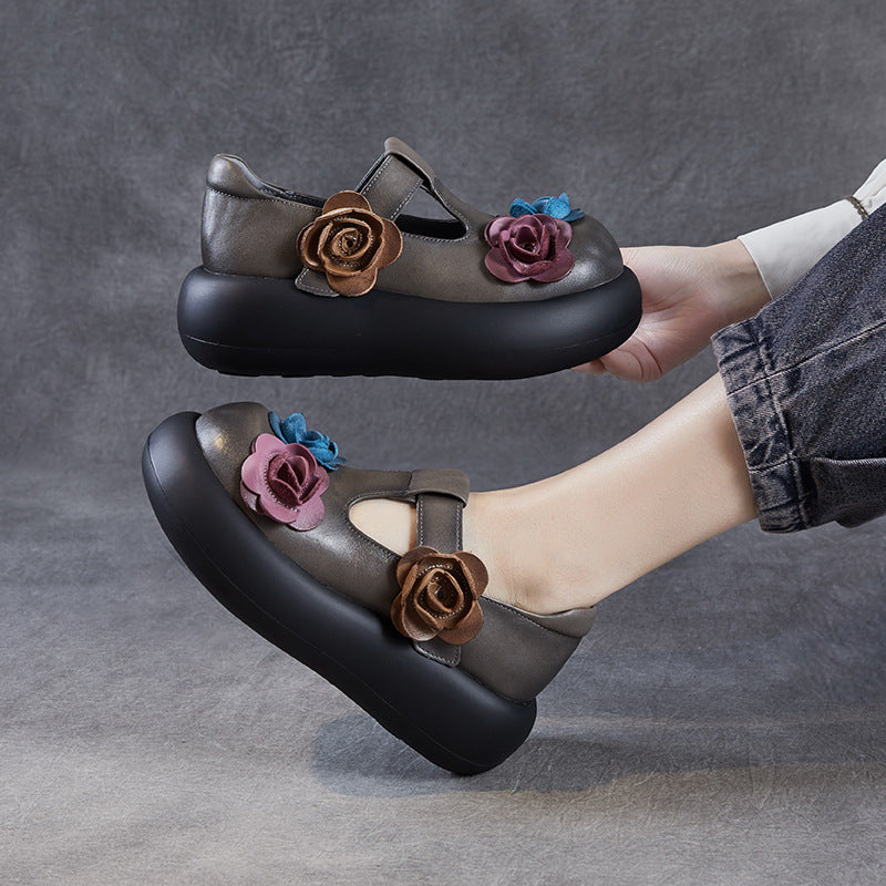 Women's Platform Flower Mary Jane First Layer Cowhide Men's Shoes