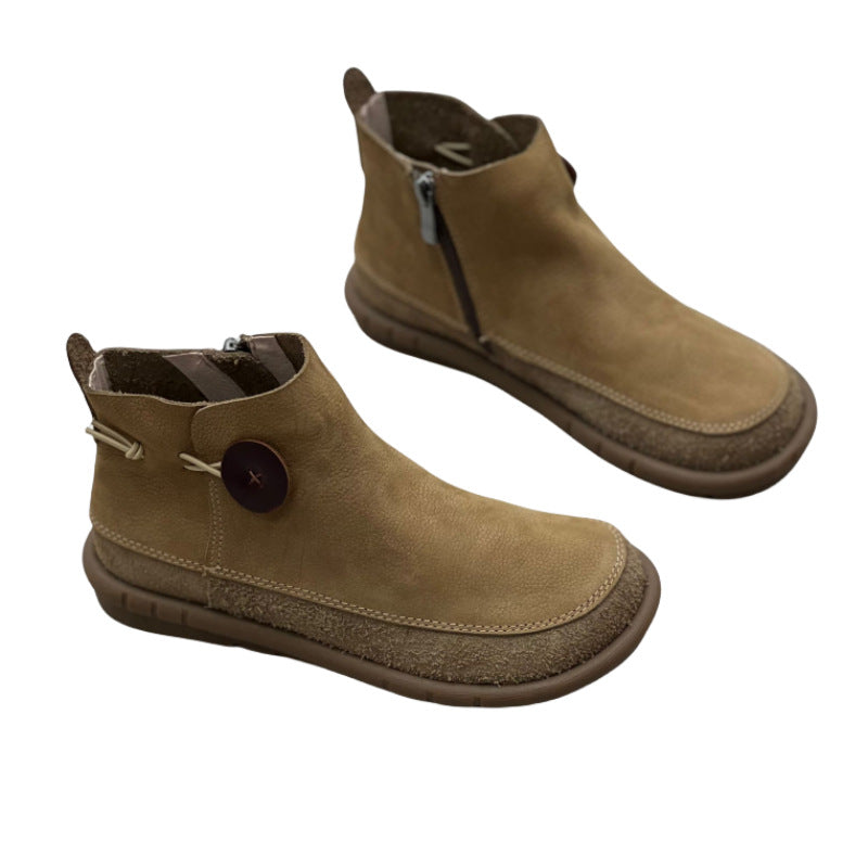Women's Artistic Crafts Short Retro Mori Style Round Toe Flat Bottom Women's Leather Boots
