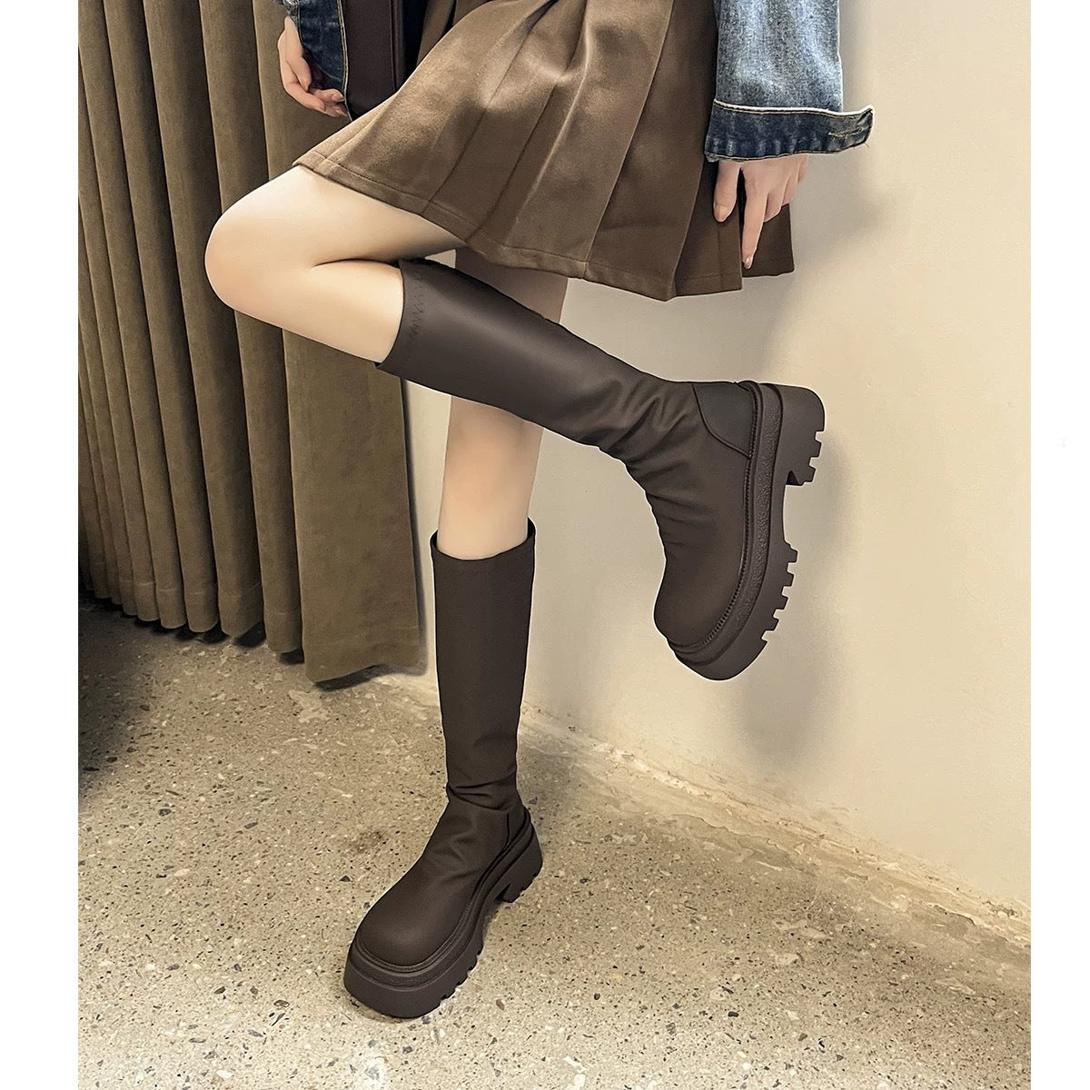 Fleece-lined Pleated Stretch Muffin Thick Bottom Thin Long Female Slimming Women's Leather Boots