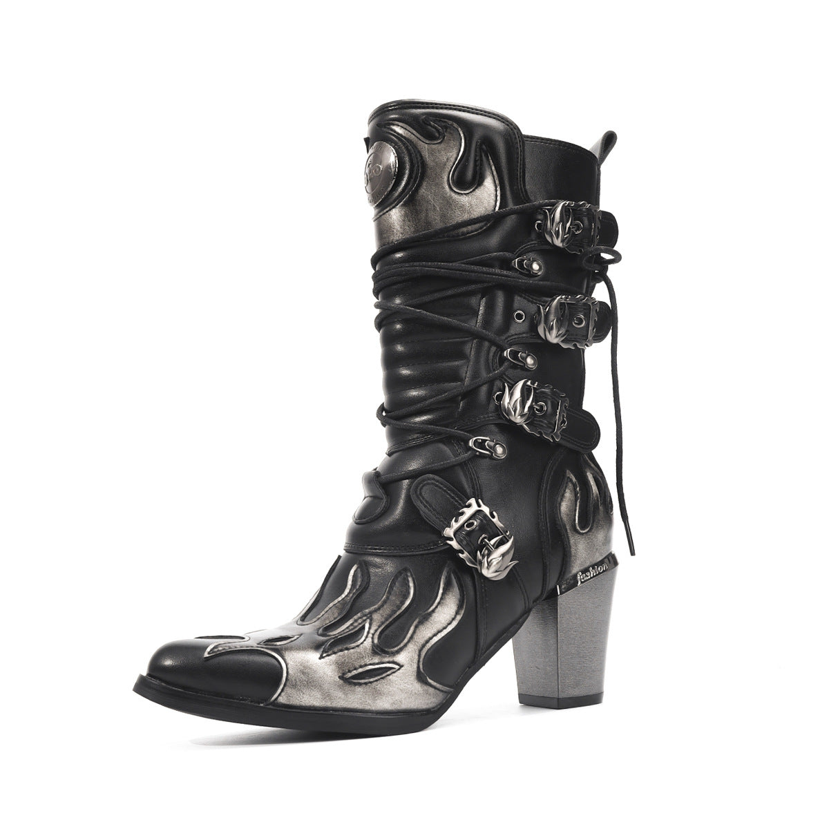American Size Brushed Flame Middle Side Zipper Fashion Retro High Women's Leather Boots