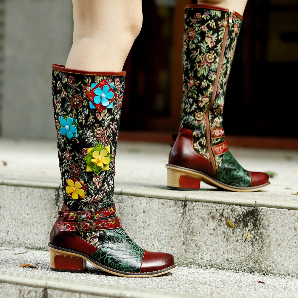 Hand-rub Color Printing Stitching Three-dimensional Flower Belt Buckle Comfortable Boots