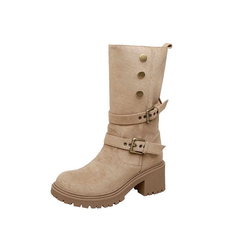 Women's Two-way Wide Short Suede Middle Buckle Women's Leather Boots