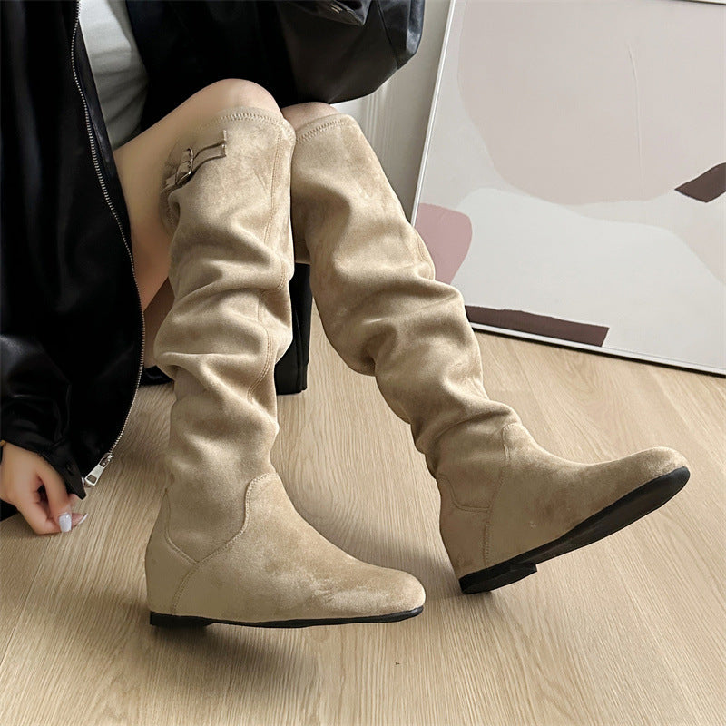 Cowhide Version Height Increasing Insole Vintage Suede Tall Knight Korean Boots