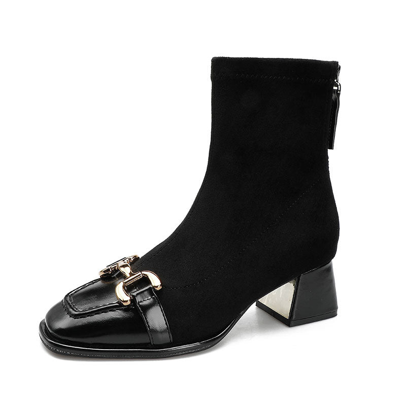 Female Stitching Square Head Chunky Retro Boots