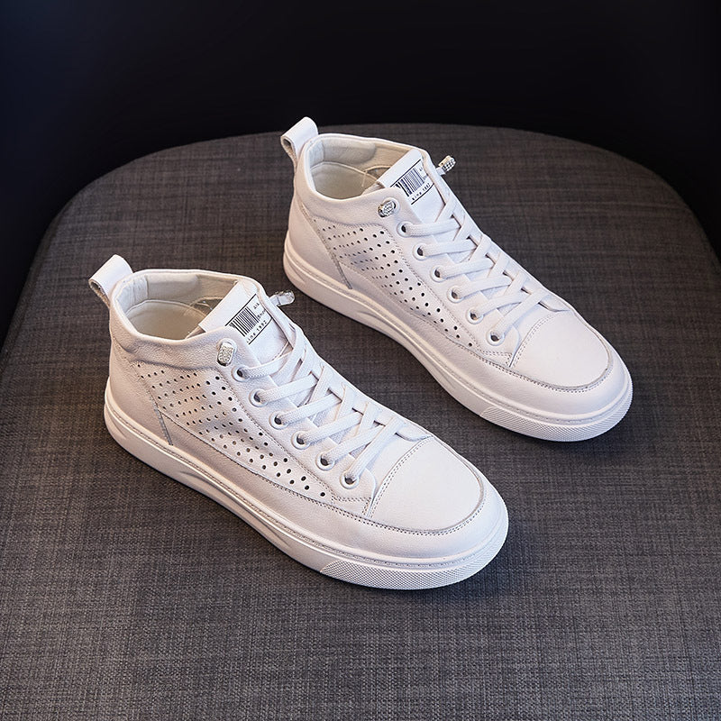 Women's Summer High Top White First Layer Cowhide Breathable Flat Leisure Heels