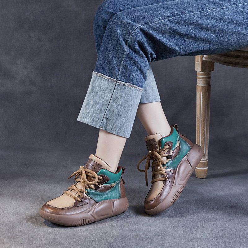 Women's Lace Color Block Thick-soled Mother Top Layer Cowhide Soft Snow Boots