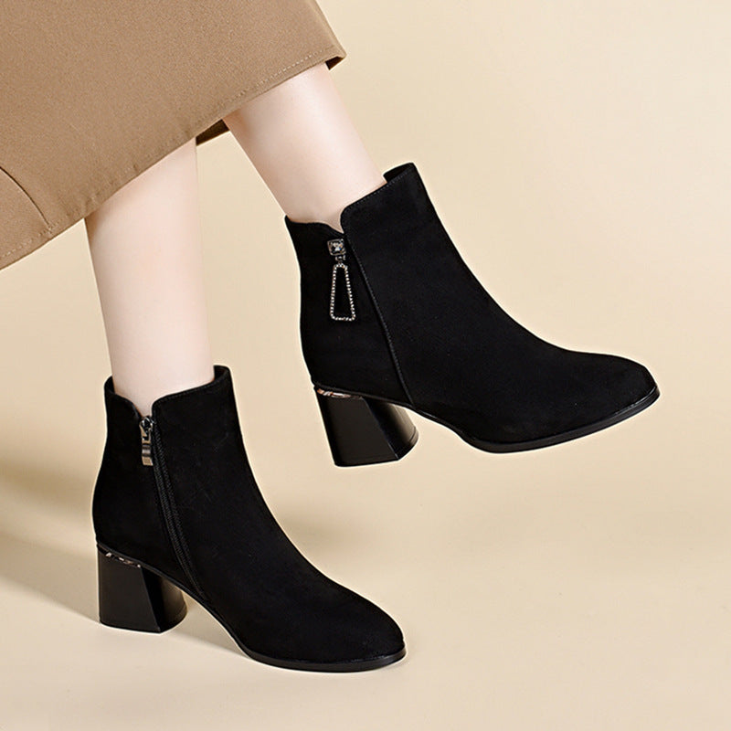 Women's Sheepskin Suede Short Pointed Western Style Skinny Chunky Women's Leather Boots