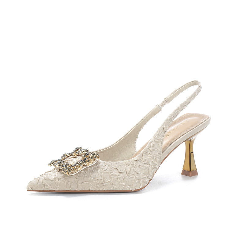 Women's Style Satin Pleated Square Buckle Pointed Toe Sandals