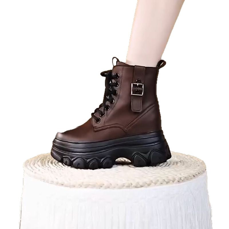 Women's Genuine Short Thick Bottom Fleece-lined British Women's Leather Boots