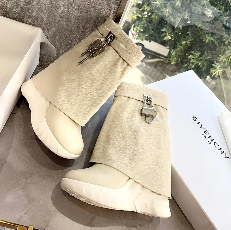 Women's Metal Lock Catch Thick Bottom Bootie Height Increasing Pants Boots